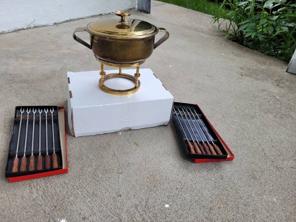 Complete 14-Pc Mid Century Brass Fondue Set (With Burner) 1