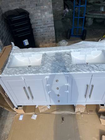 Vanity de baño con doble lavabo empotrado de 60 pulgadas en gris verdadero con encimera de mármol - $950 (Stockbridge)63469930819585121