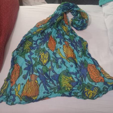 Bright ocean themed colorful crinkle silk scarf very wide 40 inches by 1
