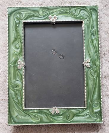 Beautiful Cast Aluminum Picture Frame with Green Laquer Swirl & Stones 1