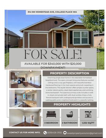 $340,000 / 3br - 1332ft2 - 20,000 downpayment! 3beds/2baths house College Place Wa (College Place)64146794669187120
