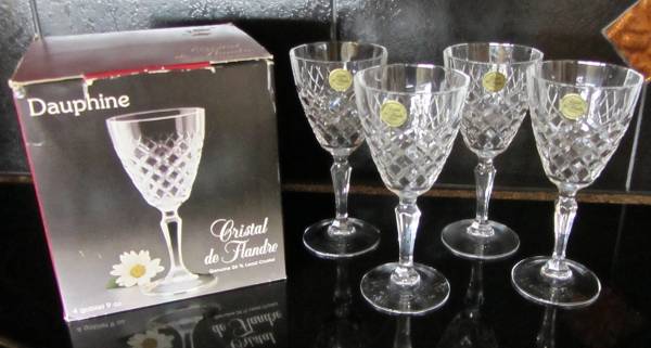 4 Vtg NEW 9oz 24% Lead Crystal Wine Glasses Goblets Cristal de Flandre 1