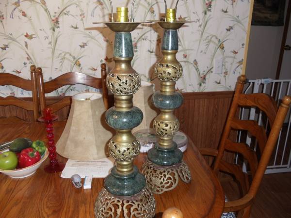 Trade? Beautiful 1950's Japanese/Persian Green marble/Brass lamps 1