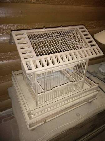 old canary bird cage - wood frame and base - metal 'bars' 1