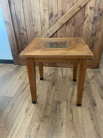 Rustic Oak wood side table with glass accent top 1