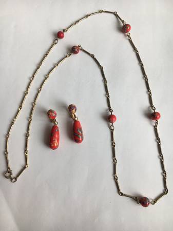 Vintage Millefiori Red-Orange Art Glass Bead Necklace and Earrings 1