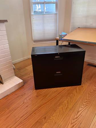 Tabletop drafting board, tables and file cabinet 1