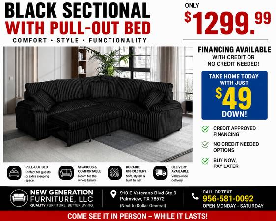 🛋️ BLACK SECTIONAL WITH PULL-OUT BED –  🛋️ 1