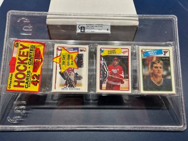 1988 OPC rack pack with Brett Hull rookie on top GAI graded 9 1