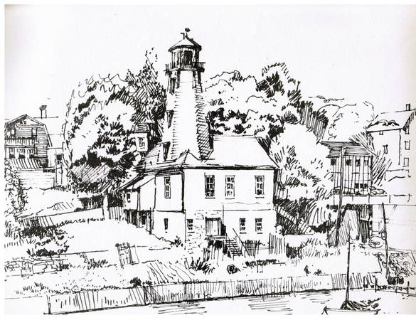 KINCARDINE LIGHTHOUSE. JAMES MARLATT 1972. INK ON PAPER, 14" x 10" 1