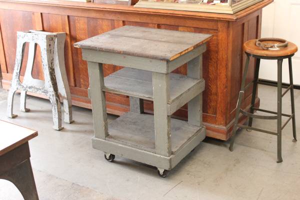Vintage Industrial Rolling Wooden Factory Shelf Cart Media Stand 1