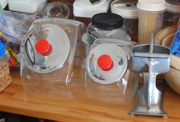 2 VTG Glass Anchor Hocking Tilted Candy COOKIE Jar Chrome Lid-RED 1