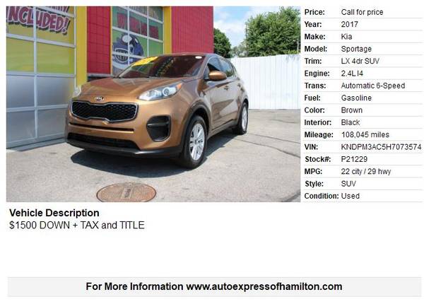 2017 Kia Sportage LX $1500 DOWN + TAX, BUY HERE / PAY HERE - $1,500 (Hamilton)63470600274945121