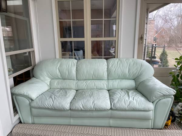 Light Mint Green Genuine Leather Sofa & Loveseat – Great Condition 1