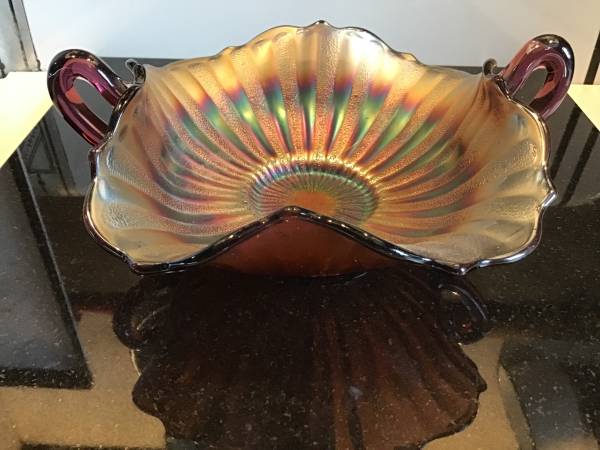 Vintage Fenton stapled rays 7” amithist carnival glass bon bon 1