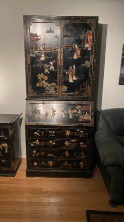 Chinoiserie Black Lacquer Secretary Desk, Cabinet, & Nesting Table 1
