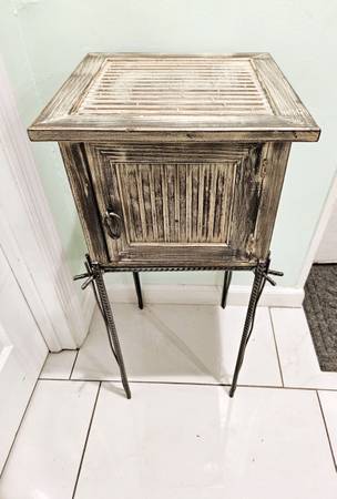 Rustic Driftwood Side Table Planter Stand Storage Box Console Cabinet Rebar Iron 1