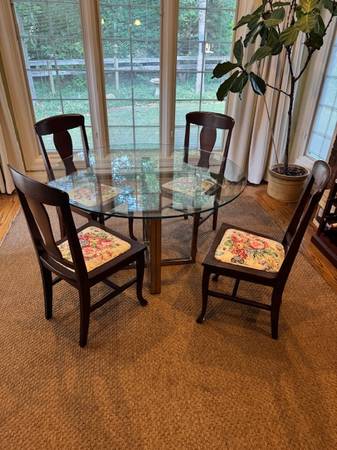 Like New Crate and Barrel Dining Table - Brass Base/Glass Top + Chairs 1