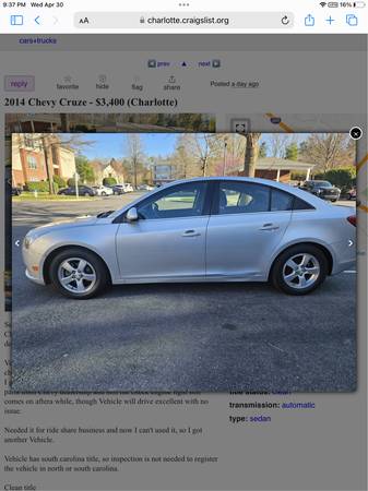 Chevy Cruze 2014 - $3.60063613317546883122