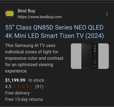 Televisor inteligente SAMSUNG NEO QLED QN85D de 55 pulgadas 4K UHD HDR - $900 (Los Ángeles)63471429564163121