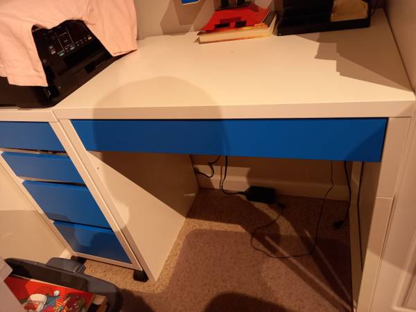 Ikea computer desk drawer with chair (blue & white) 1