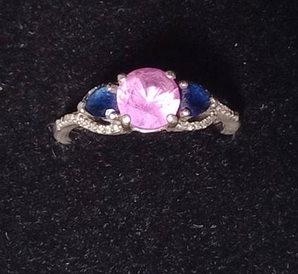pink sapphire and heart shaped blue Sapphires and diamonds ring 1