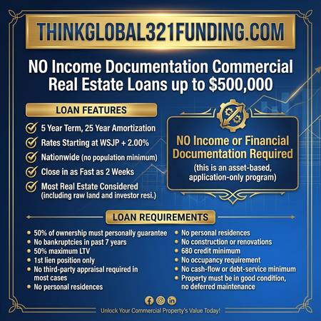 NO Income Documentation Commercial Real Estate Loans up to $500,000... 1