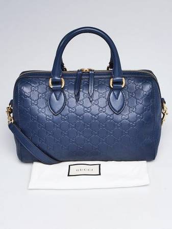 AUTH GUCCI BLUE GUCCISSIMA LEATHER BOSTON BAG w/ STRAP 1