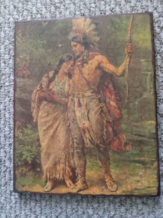 Vintage Native American Print on Wood Wall Hanger 1
