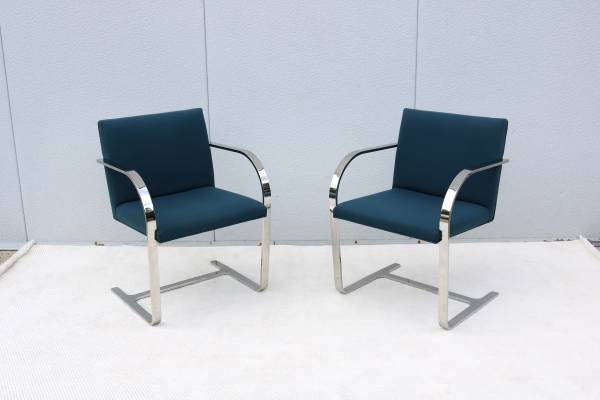 Mies van der Rohe Brno Flat Bar Chairs Blue Fabric by Gordon, a Pair 1