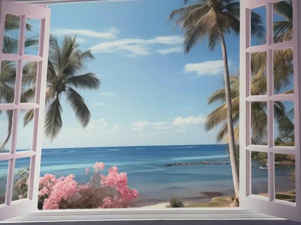 Beautiful Tropical Pastel Beach View Thru Window on Canvas 1