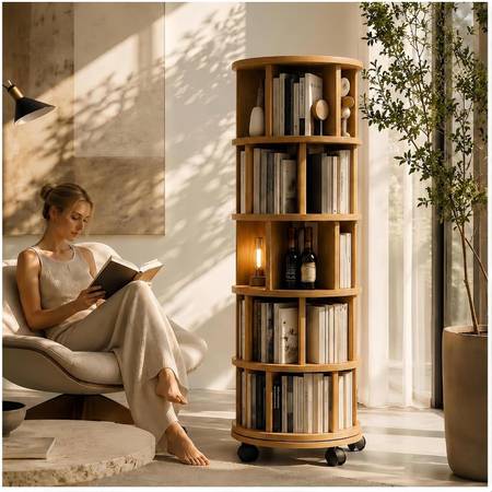 Real Solid Wood Rotating Round Bookshelf Towers with Wheels,Narrow Boo 1