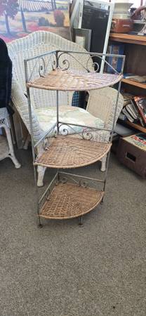 Vintage Wicker and Wrought iron Triple Corner Shelf 1