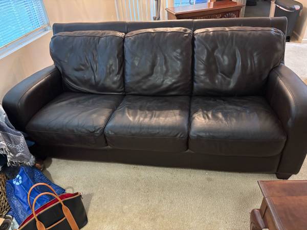 FREE  Dark brown leather, three seat sofa 1
