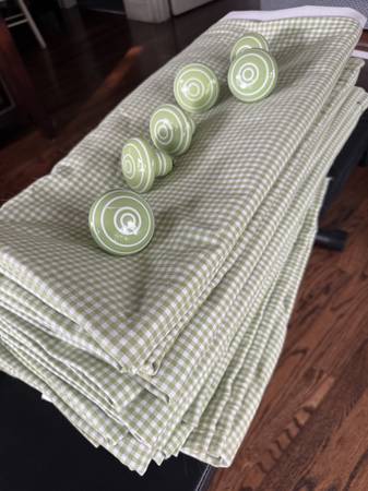 PB Kids Green/White Gingham Check Curtain Panels (3 Sets) w/ 6 Finials 1