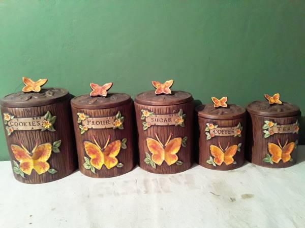 Vtg Treasure Craft Ceramic Butterfly Motif Cookie Jar & Canister Set 1
