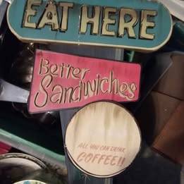 Distressed vintage metal "Eat Here" food sign restaurant coffee 1