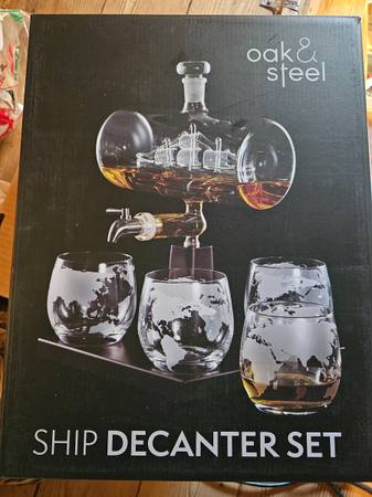 Oak & Steel Ship in a bottle Decanter Set 1