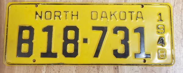 North Dakota 1948 Yellow License Plate # B18-731 1