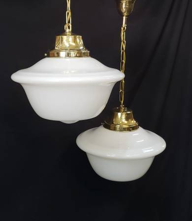 Pair of Restored Brass Pendant Lights w/ White Shades GS01080 1