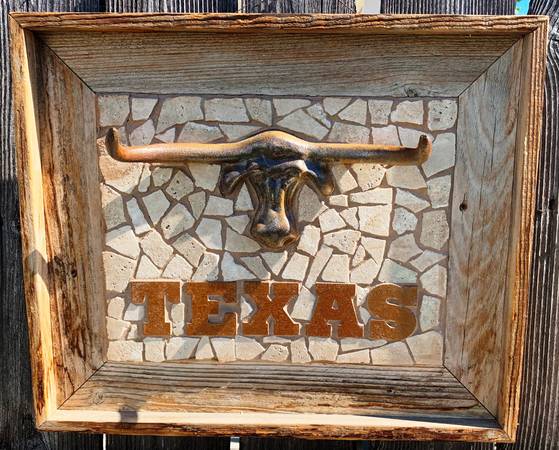 Antique rustic wood framed sign with Texas longhorn Motif 1