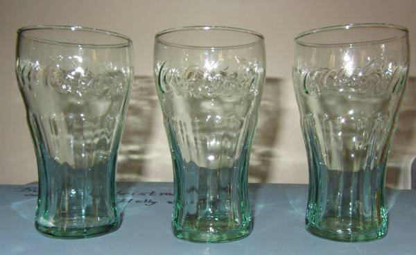(3) Coke Coca Cola Glass Small Vintage Green Juice Size Glass 6 Ounces 1
