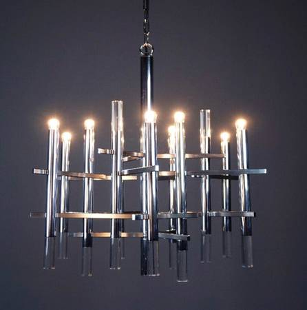 Vintage Original Gaetano Sciolari Stainless Steel & Lucite Chandelier 1