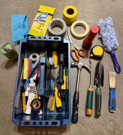 Toolbox with Assorted Home Tools & Cleaning Supplies! 1