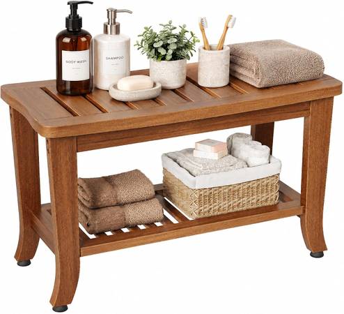 24" Solid Teak Shower Bench with Storage Shelf Water-Resistant 1
