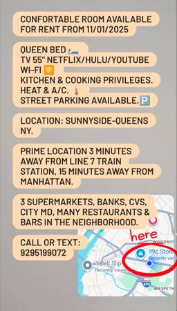 FURNISHEE ROOM AVAILABE FOR RENT QUEENS SUNNYSIDE from 11/01/2025 1