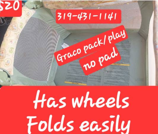 GRACO PACK & PLAY. WHEELED.  FOLDS SUPER EASILY. SW CR. NO PAD 1