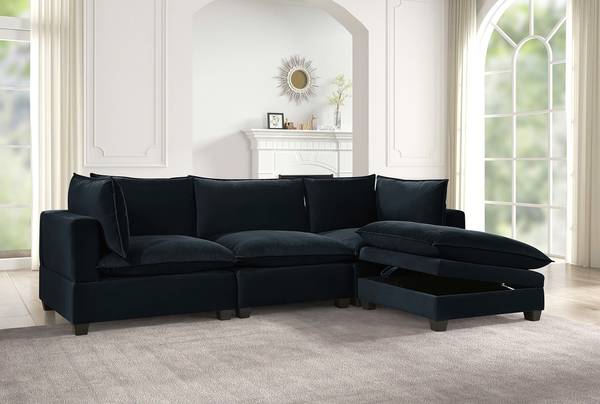 Cloud black velvet modular sectional with storage ottoman - New 1