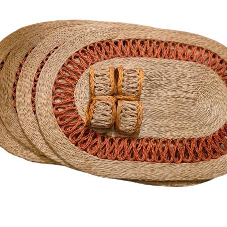 4 VTG Oval Rattan Place Mats & Matching Napkin Ring Holders Orange/Ra 1