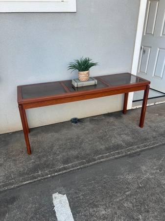 Nice solid wood mid-century teak console hallway entryway sofa table 1